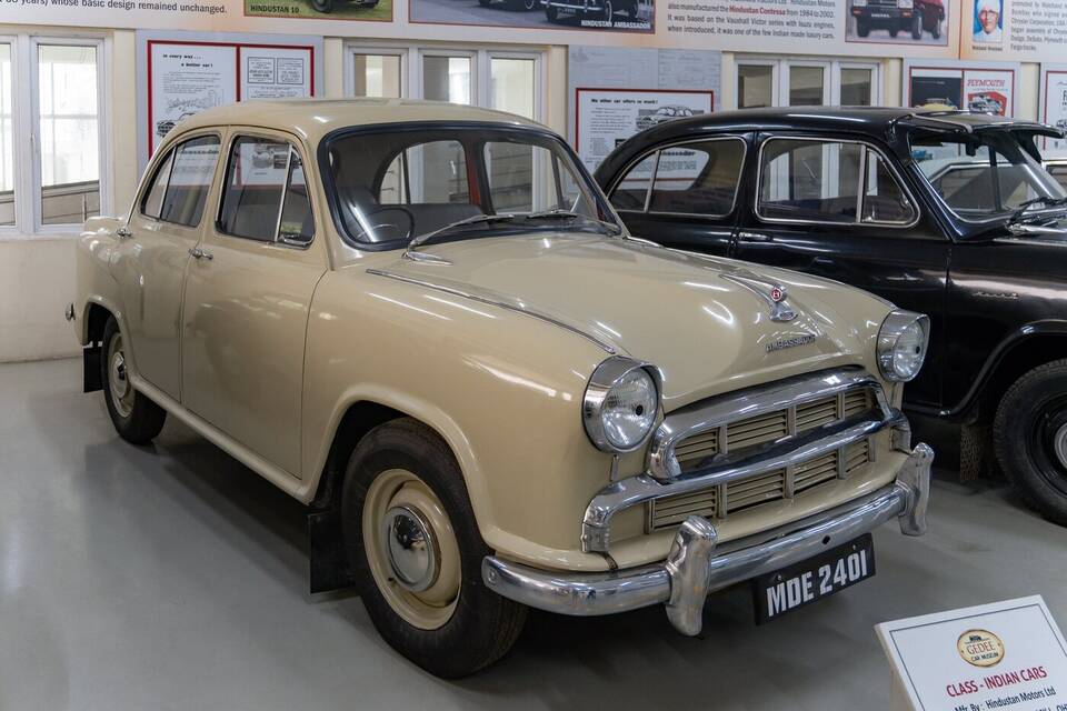 Museum-displayed Hindustan Ambassador Mark I OHV; source identifies the model and body, while the individual vehicle's production year is not independently established.