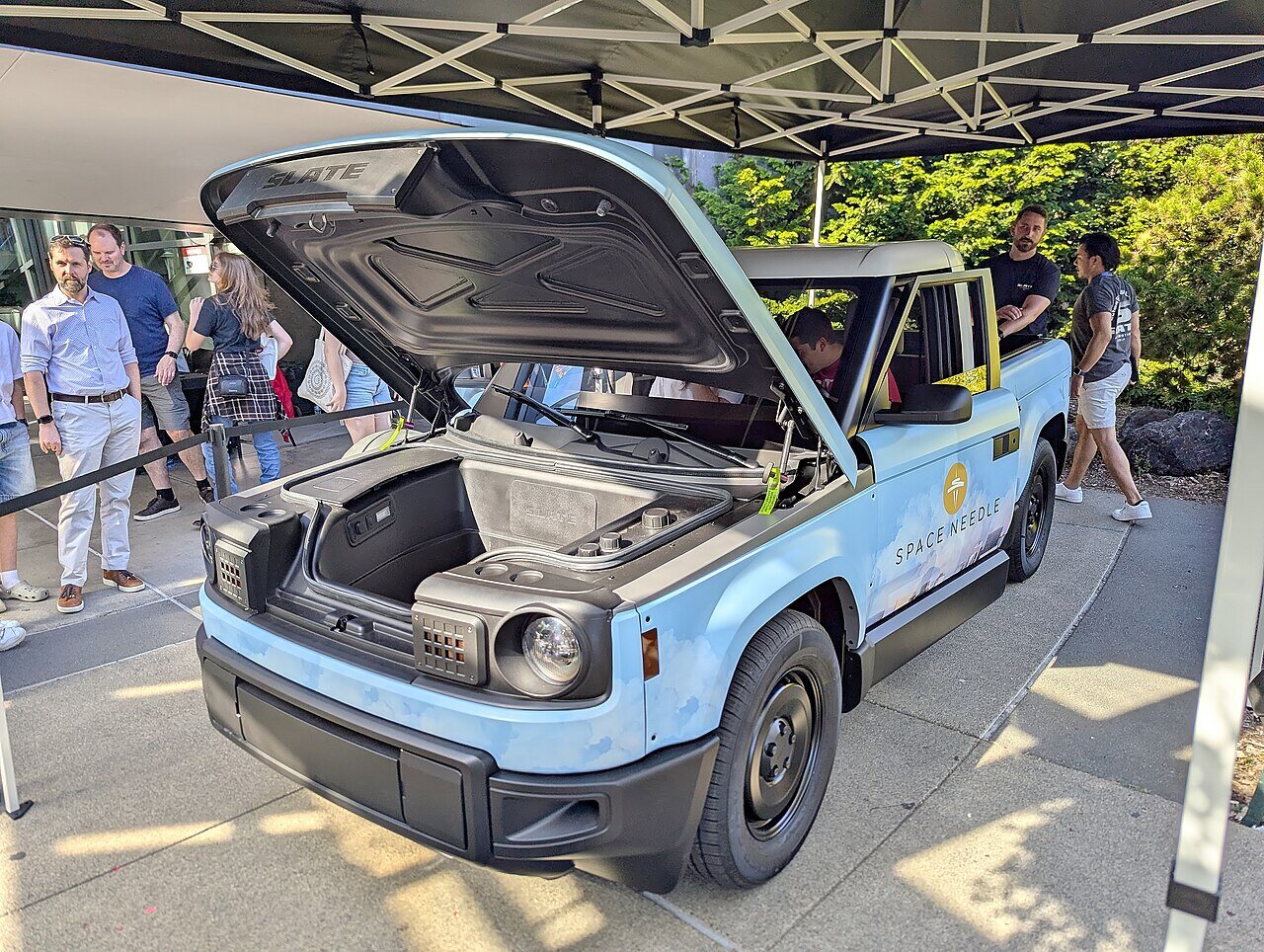 Slate Truck demonstration prototype displayed in Seattle; suitable for the 2025 reveal profile with prototype status kept visible.