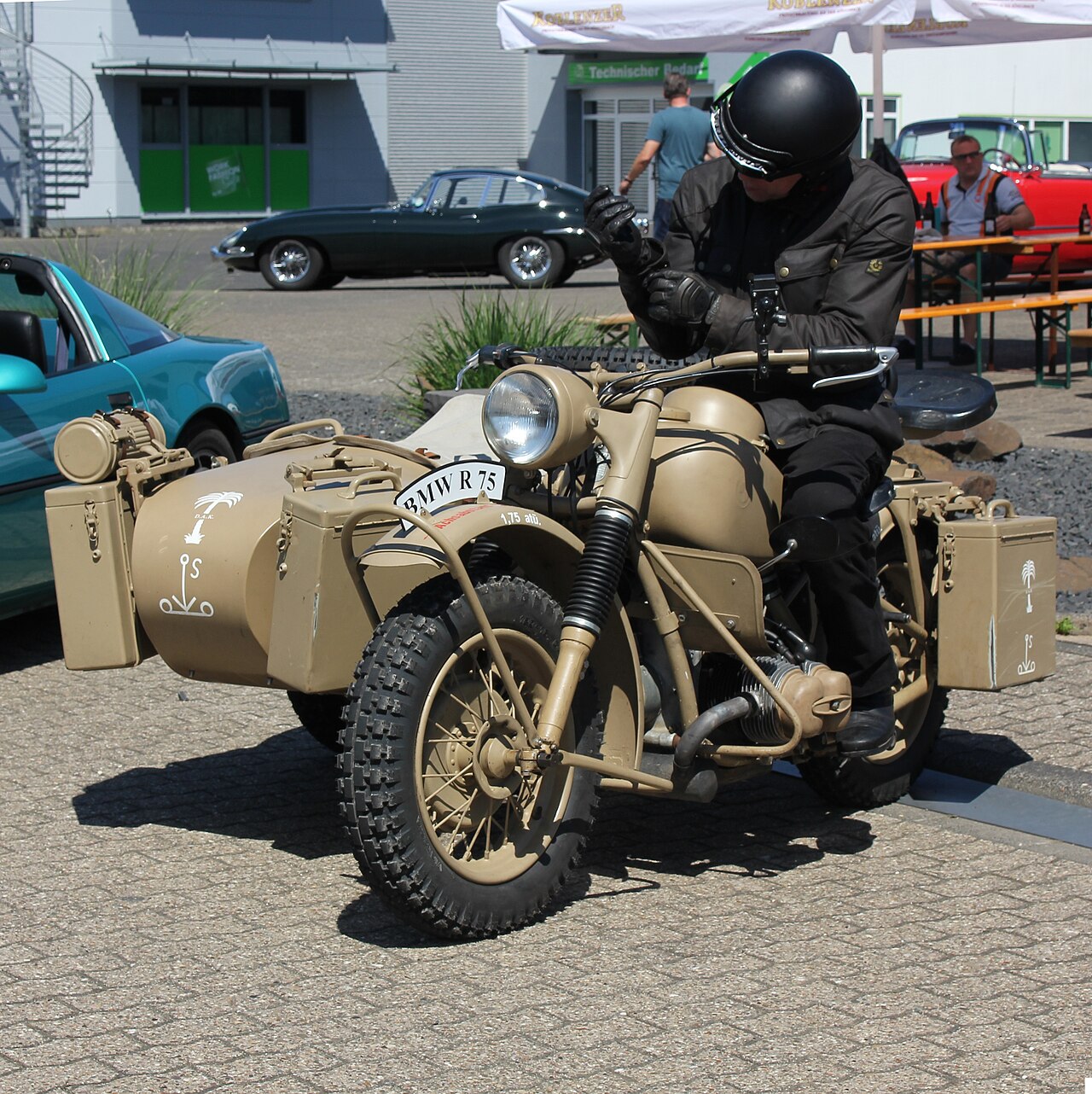Representative restored BMW R 75 military sidecar combination, from the 1941–1944 model family, photographed at a modern event. Exact specimen year and markings are unverified.