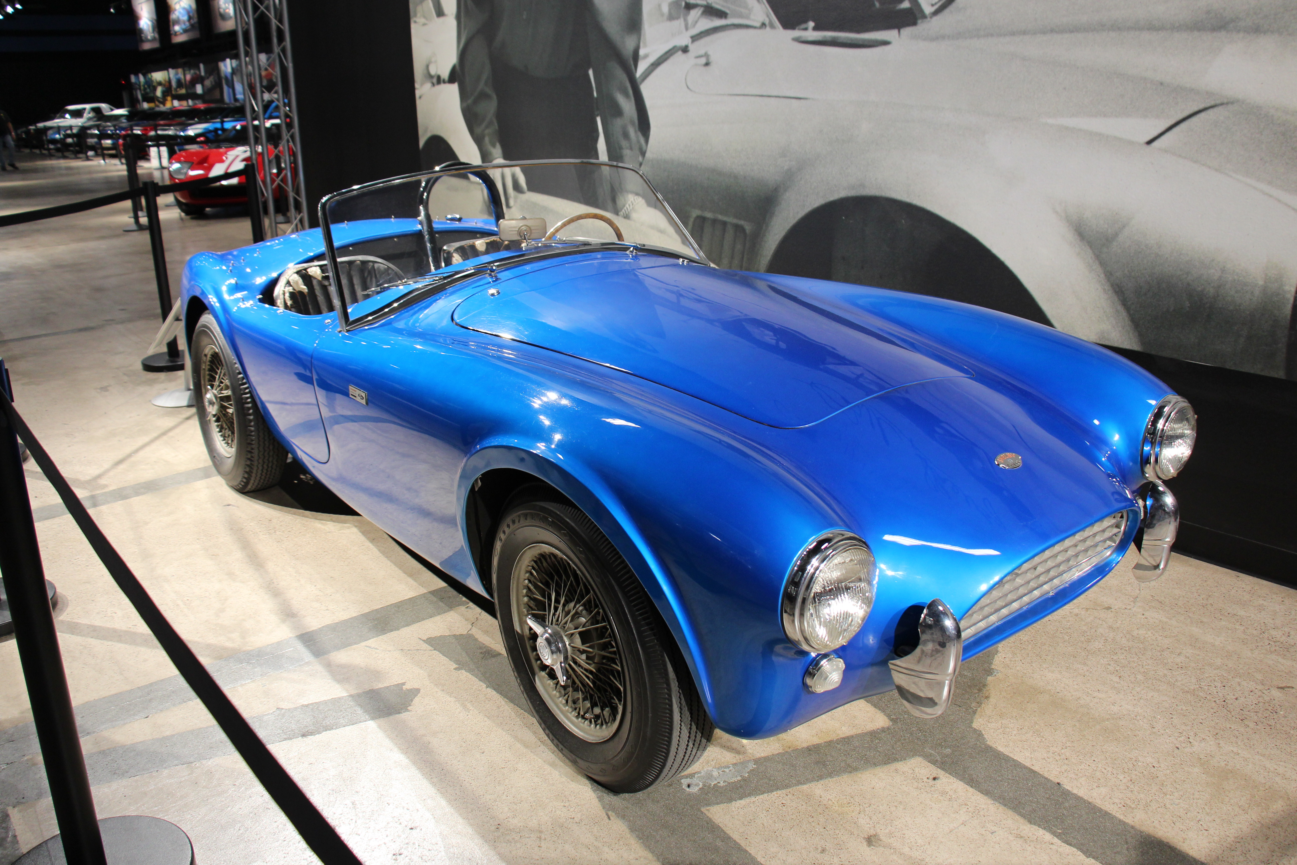 Blue CSX 2000, the first Shelby Cobra prototype, displayed indoors at Shelby American headquarters in 2015.