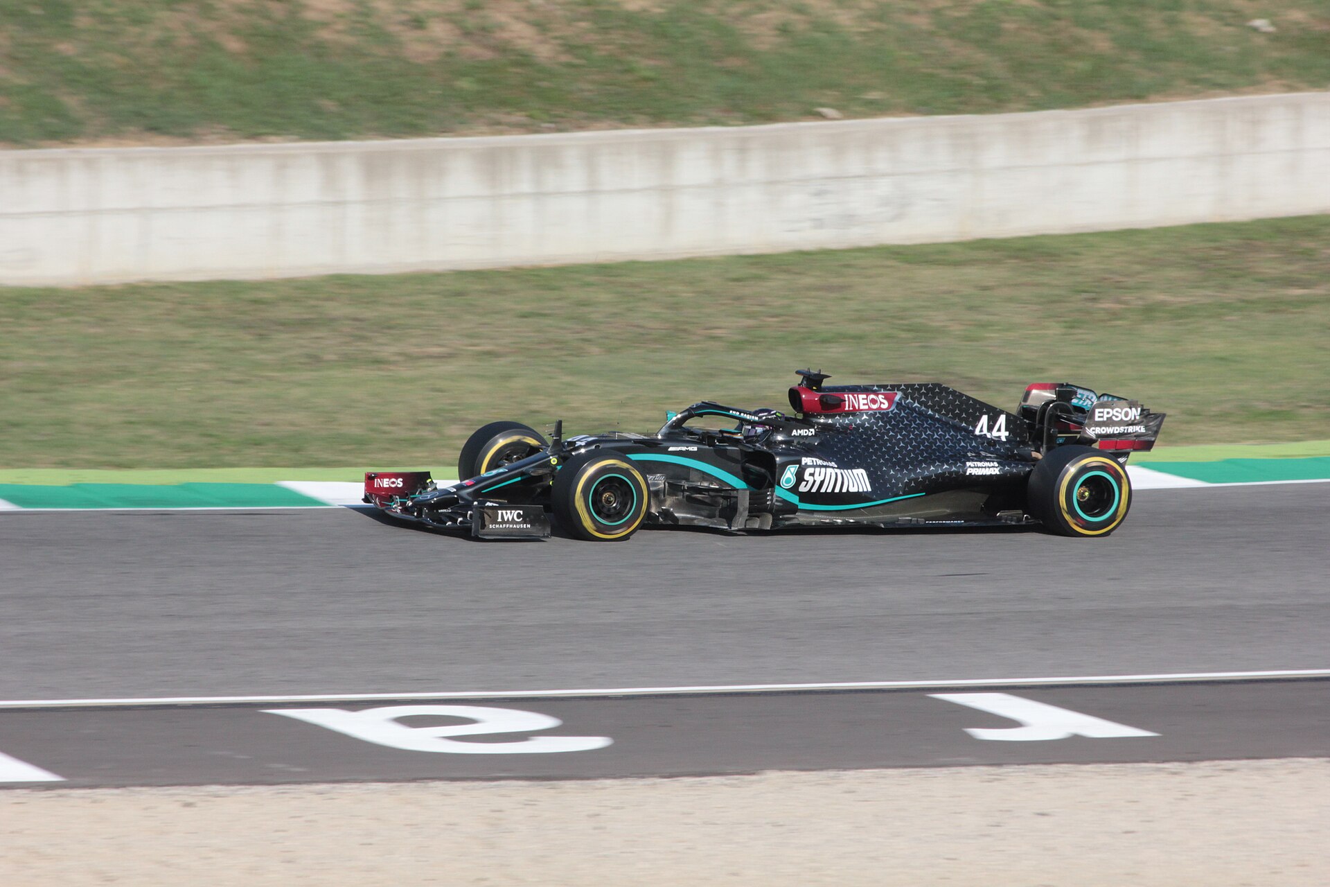 Lewis Hamilton driving the black no. 44 Mercedes W11 at the 2020 Tuscan Grand Prix.