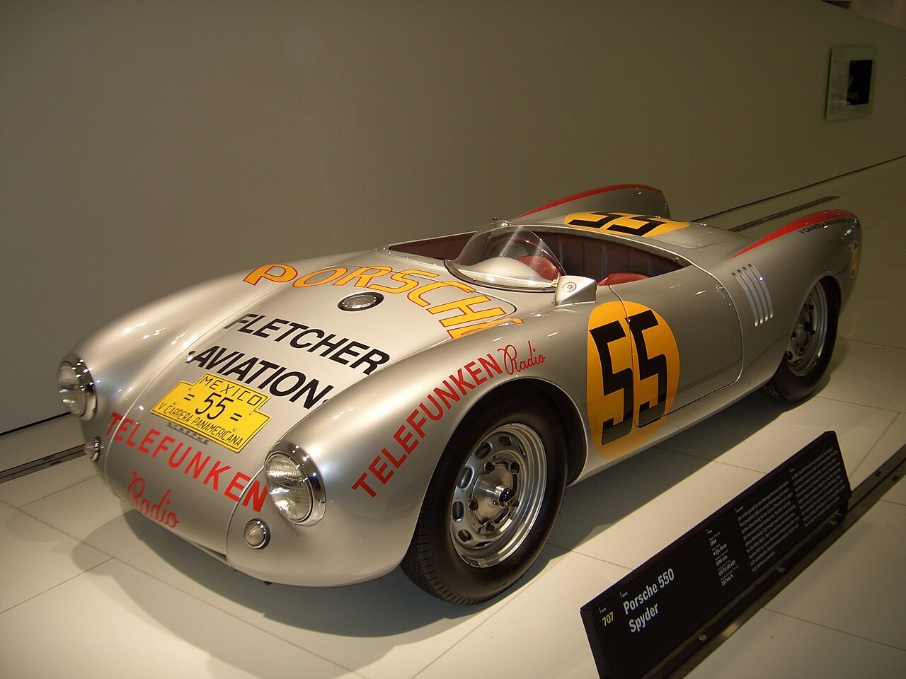 Source identifies a 1954 Porsche 550-1500 RS Spyder Carrera Panamericana exhibit at the Porsche Museum. Representative competition-livery museum vehicle; chassis, reconstruction and originality are unverified. Not presented as a proven original survivor or 1953 prototype.