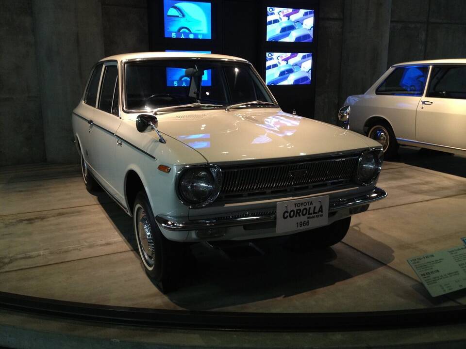1966 Toyota Corolla Model KE10, white two-door sedan at the Toyota Automobile Museum, Japan.
